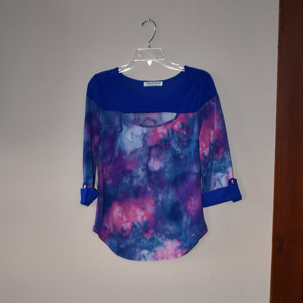Ashley Blue Womens Blue Watercolor 3/4 Sleeve Cut Out Neck Knit Top Size Small